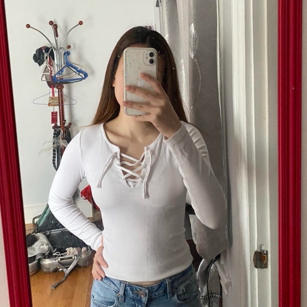 Hollister White Lace-Up Long Sleeve Top